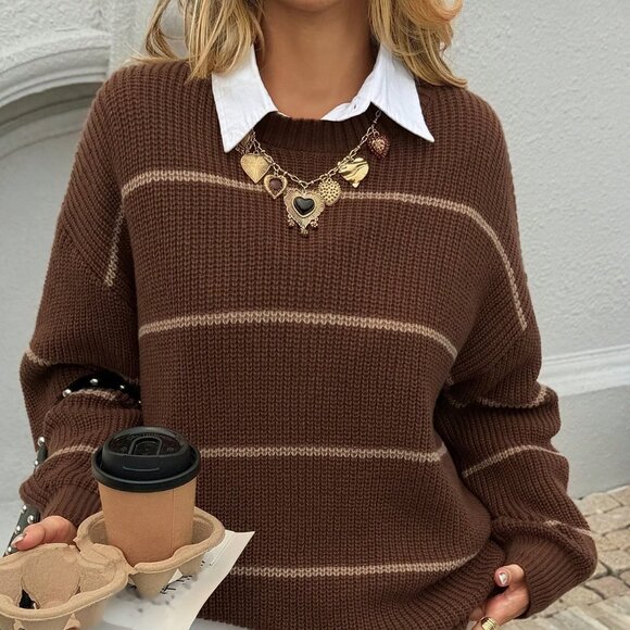 Chocolate Brown Casual Women's Striped Loose Fit Crew Neck Sweater - Picture 6 of 7